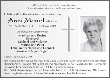 Traueranzeige von Anni Menzl von FZ