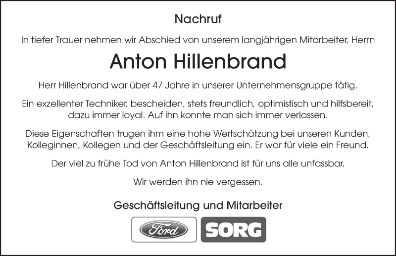  Traueranzeige für Anton Hillenbrand vom 01.06.2019 aus FZ