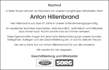 Traueranzeige von Anton Hillenbrand von FZ