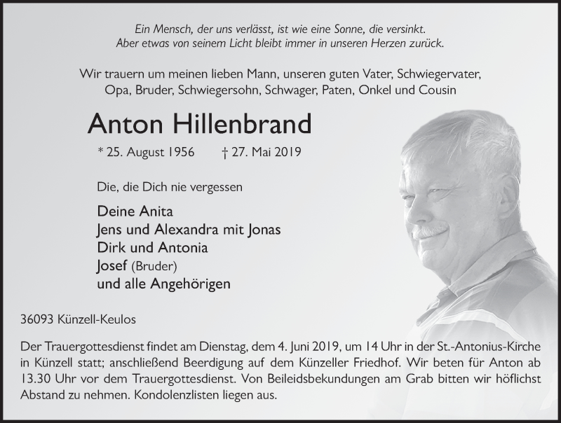  Traueranzeige für Anton Hillenbrand vom 01.06.2019 aus FZ