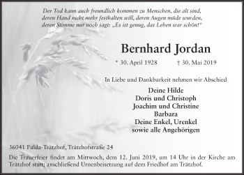 Traueranzeige von Bernhard Jordan von FZ
