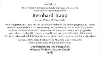 Traueranzeige von Bernhard Trapp von FZ