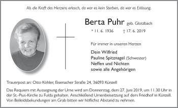 Traueranzeige von Berta Puhr von FZ