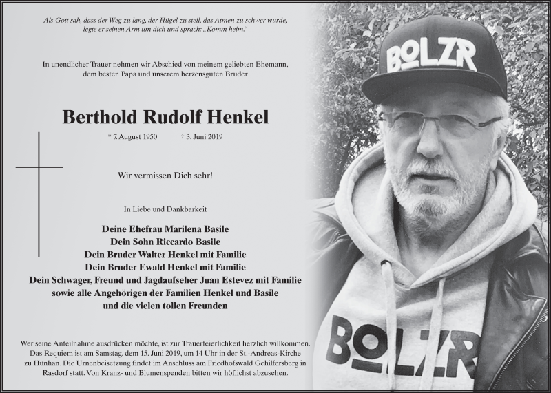  Traueranzeige für Berthold Rudolf Henkel vom 12.06.2019 aus FZ