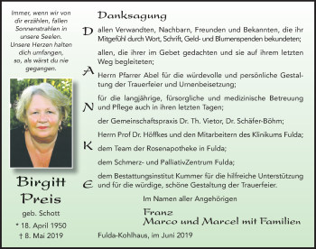 Traueranzeige von Birgitt Preis von FZ