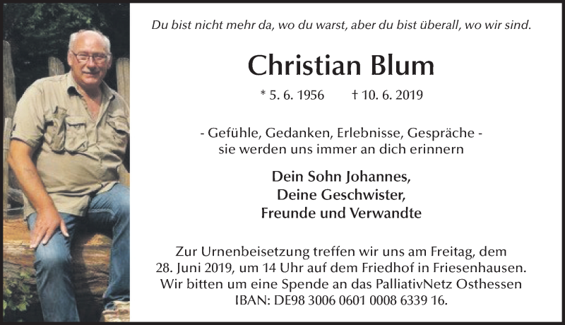  Traueranzeige für Christian Blum vom 22.06.2019 aus FZ