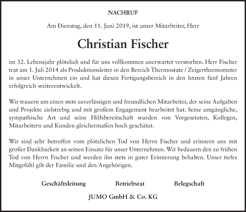  Traueranzeige für Christian Fischer vom 14.06.2019 aus FZ