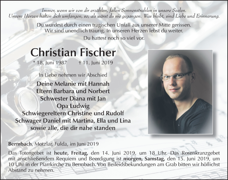  Traueranzeige für Christian Fischer vom 14.06.2019 aus FZ