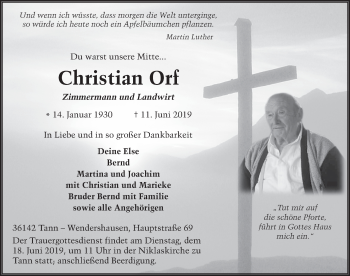 Traueranzeige von Christian Orf von FZ
