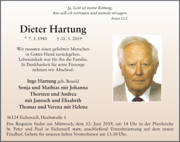 Traueranzeige von Dieter Hartung von FZ