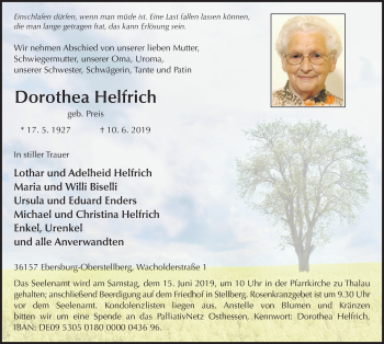 Traueranzeige von Dorothea Helfrich von FZ