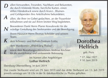 Traueranzeige von Dorothea Helfrich von FZ