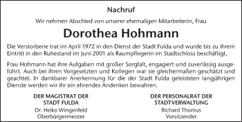 Traueranzeige von Dorothea Hohmann von FZ