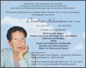 Traueranzeige von Dorothea Hohmann von FZ