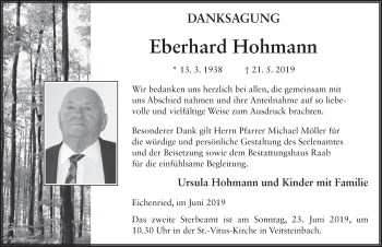 Traueranzeige von Eberhard Hohmann von FZ