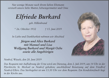 Traueranzeige von Elfriede Burkard von FZ
