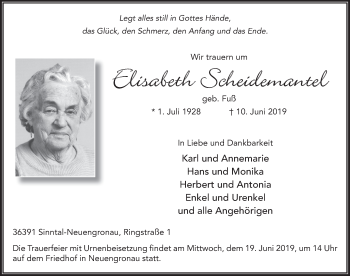 Traueranzeige von Elisabeth Scheidemantel von FZ