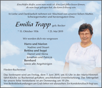 Traueranzeige von Emilia Trapp von FZ