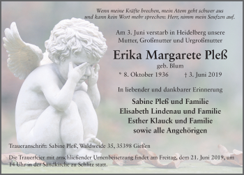 Traueranzeige von Erika Margarete Pleß von FZ