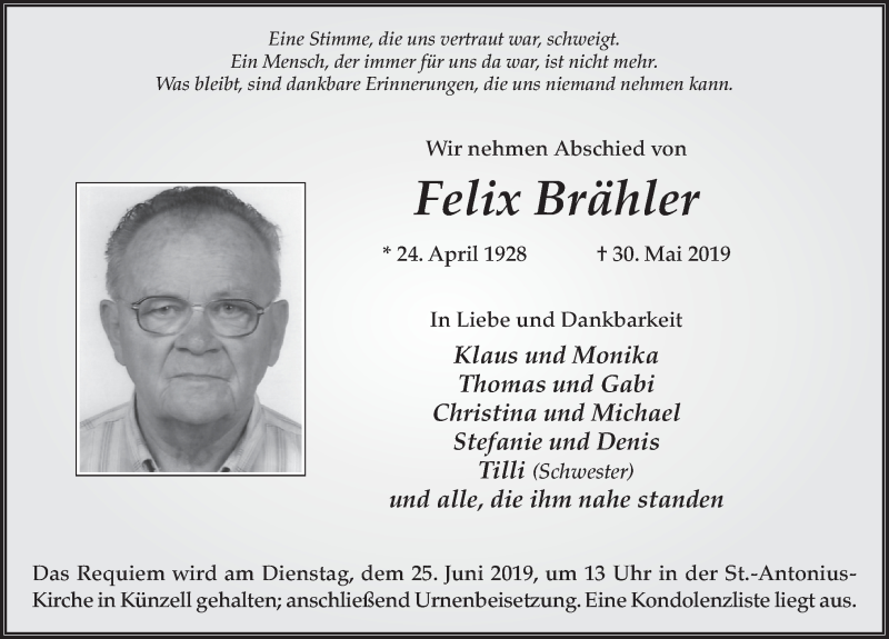  Traueranzeige für Felix Brähler vom 21.06.2019 aus FZ