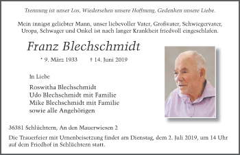 Traueranzeige von Franz Blechschmidt von FZ