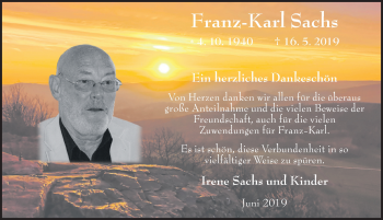 Traueranzeige von Franz-Karl Sachs von FZ