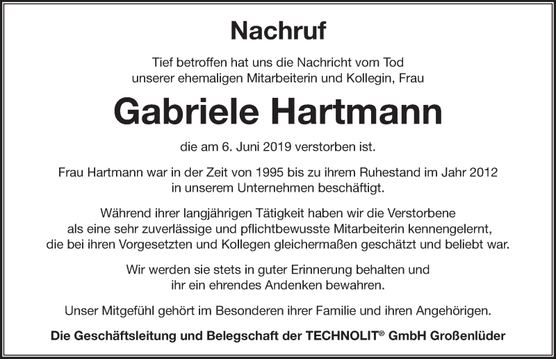  Traueranzeige für Gabriele Hartmann vom 12.06.2019 aus FZ