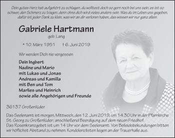 Traueranzeige von Gabriele Hartmann von FZ