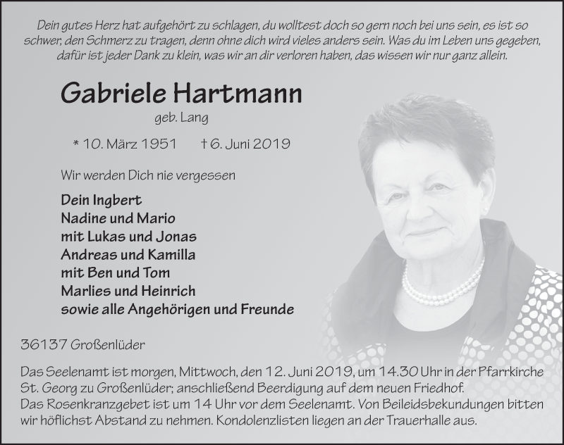  Traueranzeige für Gabriele Hartmann vom 11.06.2019 aus FZ
