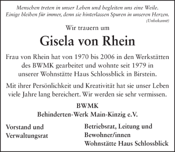 Traueranzeige von Gisela von Rhein von FZ