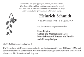 Traueranzeige von Heinrich Schmidt von FZ