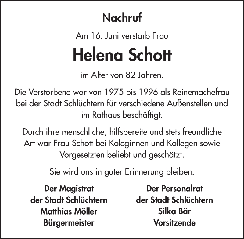  Traueranzeige für Helena Schott vom 29.06.2019 aus FZ