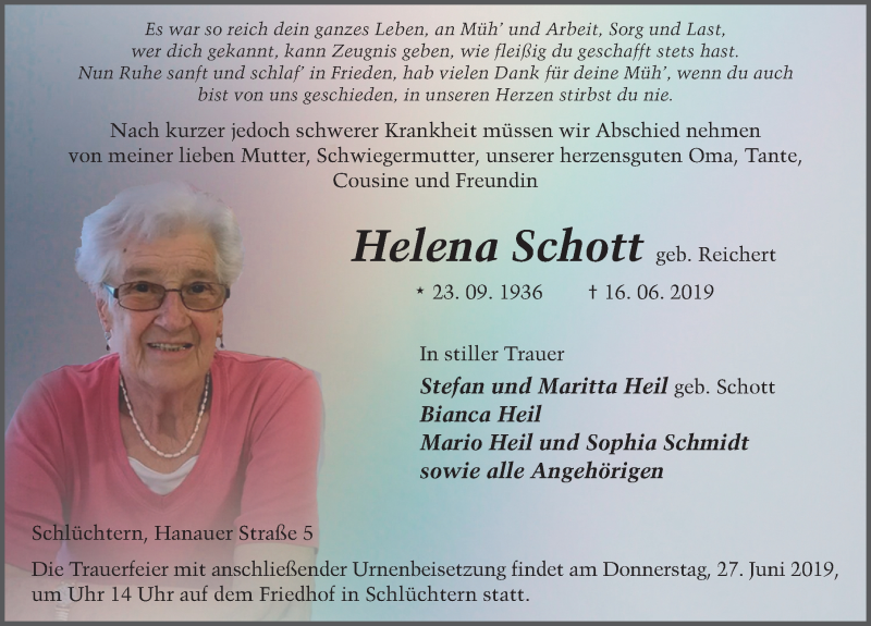  Traueranzeige für Helena Schott vom 19.06.2019 aus FZ