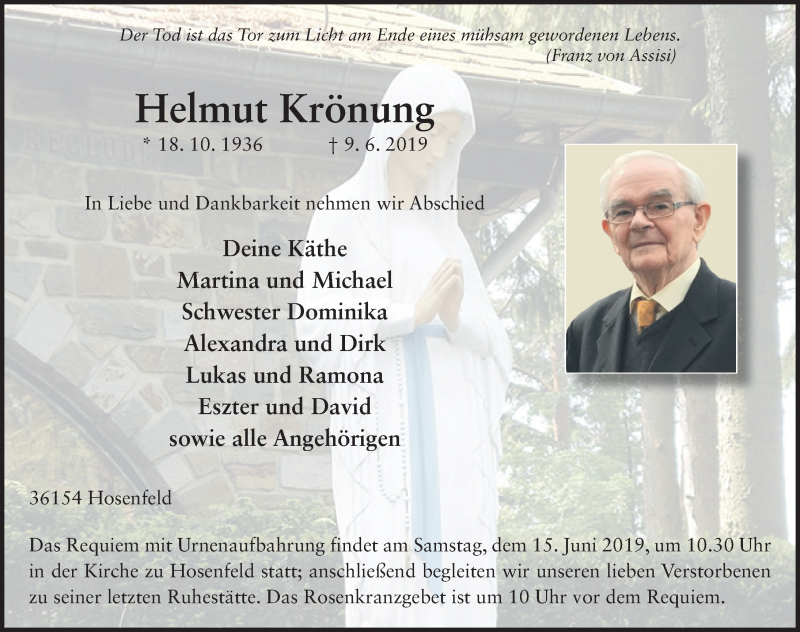 Traueranzeige für Helmut Krönung vom 13.06.2019 aus FZ