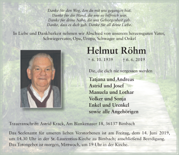 Traueranzeige von Helmut Röhm von FZ