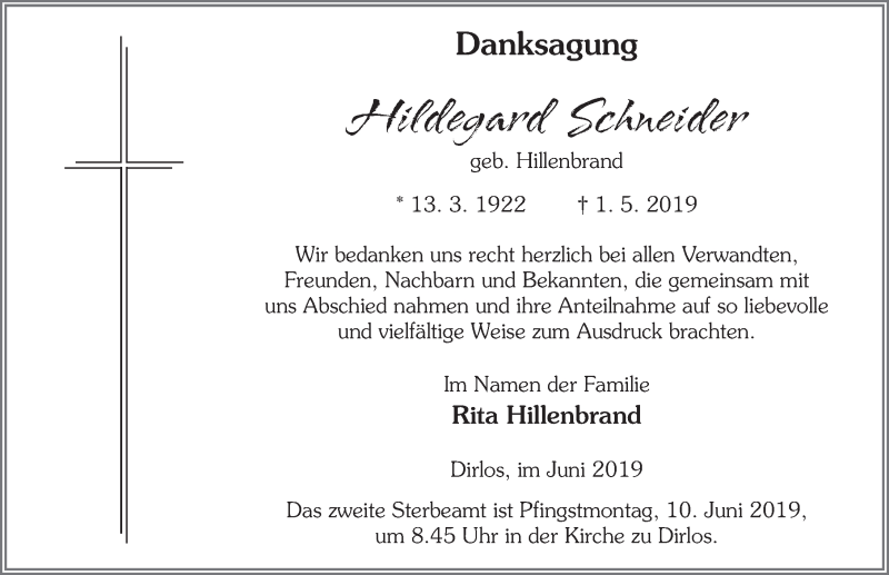  Traueranzeige für Hildegard Schneider vom 07.06.2019 aus FZ