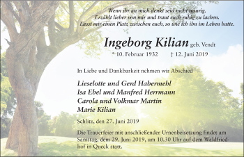 Traueranzeige von Ingeborg Kilian von FZ