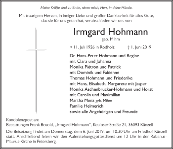 Traueranzeige von Irmgard Hohmann von FZ