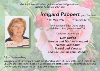 Traueranzeige von Irmgard Pappert von FZ