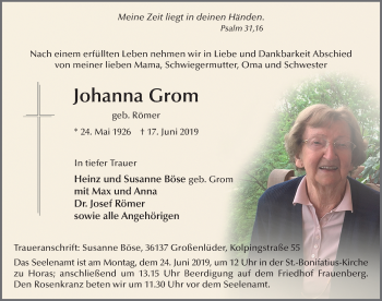 Traueranzeige von Johanna Grom von FZ