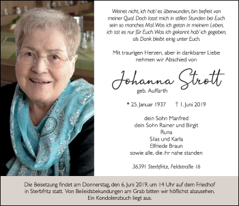 Traueranzeige von Johanna Strott von FZ