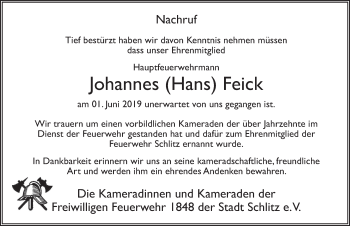 Traueranzeige von Johannes Feick von FZ