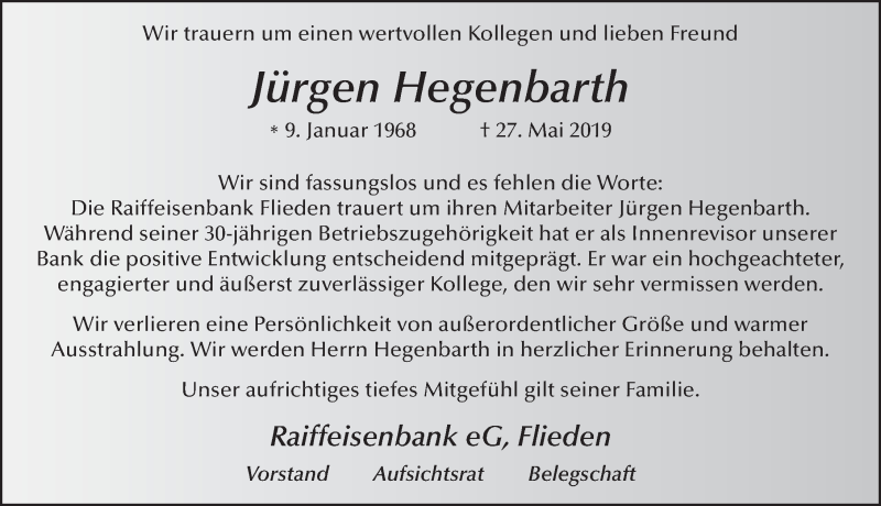  Traueranzeige für Jürgen Hegenbarth vom 11.06.2019 aus FZ