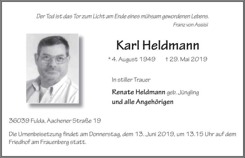  Traueranzeige für Karl Heldmann vom 08.06.2019 aus FZ