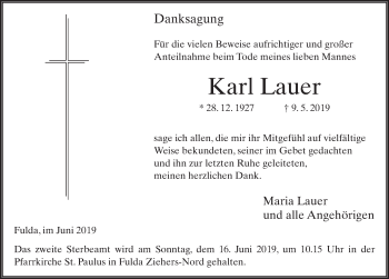 Traueranzeige von Karl Lauer von FZ