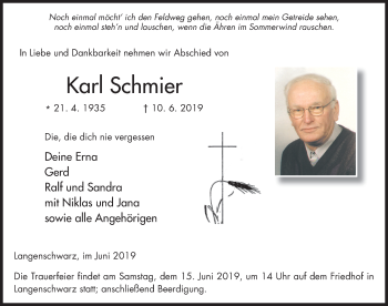 Traueranzeige von Karl Schmier von FZ