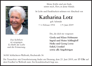 Traueranzeige von Katharina Lotz von FZ