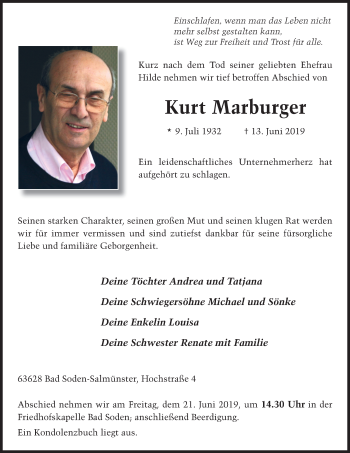 Traueranzeige von Kurt Marburger von FZ