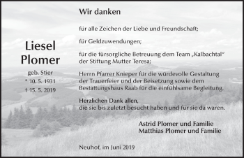 Traueranzeige von Liesel Plomer von FZ