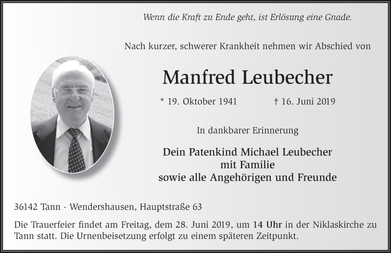  Traueranzeige für Manfred Leubecher vom 25.06.2019 aus FZ